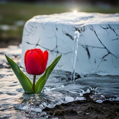 A vibrant red tulip growing beside a melting ice block with water trickling down in a natural outdoor setting during daytime