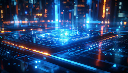 Illuminating Digital Realm: An immersive composition highlighting a central processing unit, awash in radiant blue light, signifies technological advancement and computational prowess.