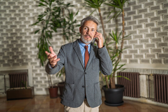 Mature businessman having phone conversation gesturing with hand