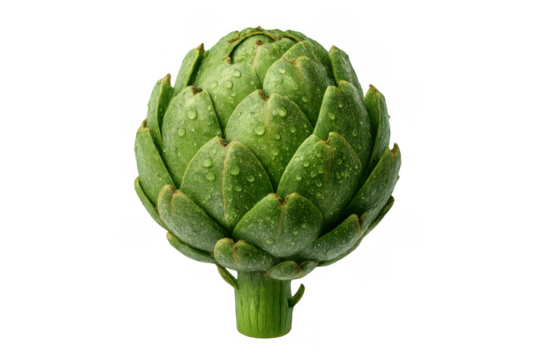 Fresh green artichoke with clear water drops, healthy raw vegetable, edible flower bud, transparent background