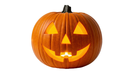 Spooky glowing Jack O Lantern pumpkin with a carved face and a lit candle inside on a transparent background for Halloween celebrations