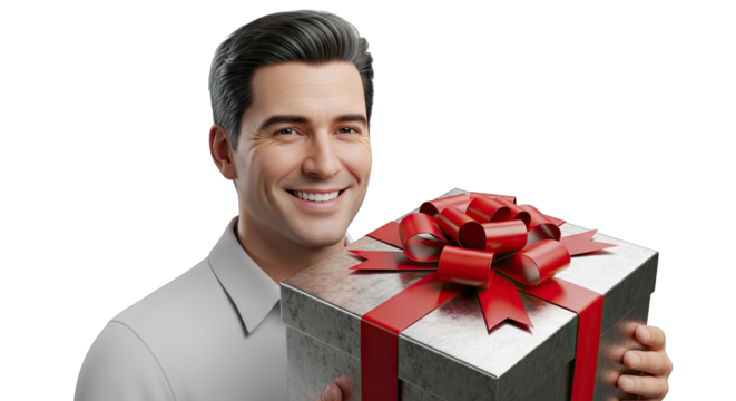 Smiling Middle Aged Man Holding A Silver Gift Box With Red Ribbon Against A Transparent Background Ideal For Holiday Promotions