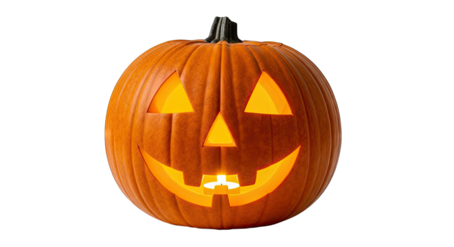 Spooky glowing Jack O Lantern pumpkin with a carved face and a lit candle inside on a transparent background for Halloween celebrations