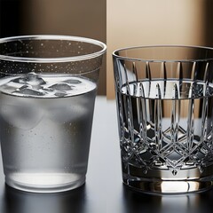 Two glasses, one filled with water and ice cubes and the other with a dark beverage, are placed on a smooth surface with a blurred background, highlighting clarity and elegance