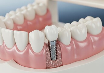 Dental implant model showing tooth root and crown in jawbone. Concept of oral surgery and dental treatment. Close up simulation for education.
