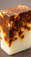 Close-up of a creamy dessert with a chocolate topping and speckled appearance, highlighting its rich texture and inviting look