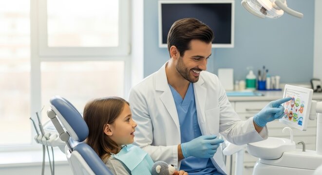 Male dentist explaining tooth chart to woman child in dental chair. Pediatric dentistry and oral hygiene concept for kid. Happy dental visit.