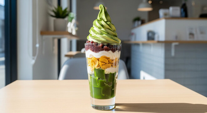 Matcha parfait layered in a tall glass with matcha jelly cubes, whipped cream, red bean paste, soft serve, and crunchy cornflakes, styled in a modern minimalist caf&eacute;