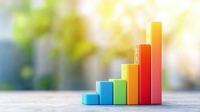 A bar graph made of colorful wooden blocks shows an upward trend, symbolizing growth and progress.