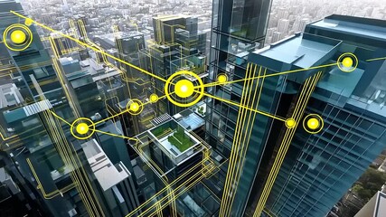 Aerial view of a futuristic cityscape with digital overlays illustrating connectivity and technology - Powered by Adobe