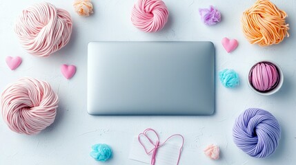 A flat lay composition featuring a closed laptop surrounded by colorful balls of yarn, small heart shapes, and fluffy pom-poms.