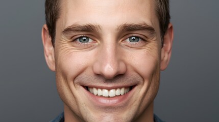 Crisp studio portrait of a smiling adult man with bright eyes and natural expression, captured in clean lighting that highlights confidence, positivity, and an approachable professional presence suita