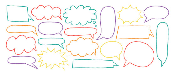 Fototapeta premium Crayon Outline Speech Bubble Frame. Vector Hand Drawn Text Box of Bright Colors. Chalk Pencil Talk Balloon in Comic Retro Style. Kids Doodle Dialog Chat
