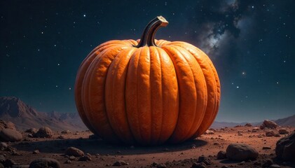A colossal, ancient pumpkin with swirling cosmic patterns etched into its rind, hovering over a starlit barren landscape. A massive, ancient pumpkin with swirling cosmic patterns and nebulae etched