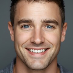 Fototapeta premium Crisp studio portrait of a smiling adult man with bright eyes and natural expression, captured in clean lighting that highlights confidence, positivity, and an approachable professional presence suita