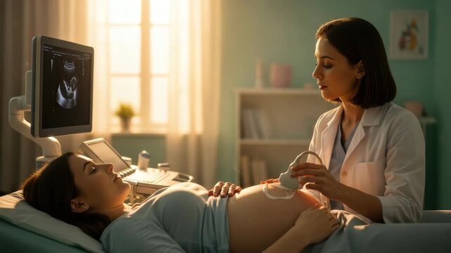 An expectant mother enjoys an ultrasound checkup. The doctor carefully examines the baby