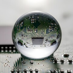 Close-up of a transparent glass sphere reflecting a circuit board with electronic components and intricate pathways, placed on a surface with additional circuitry elements visible