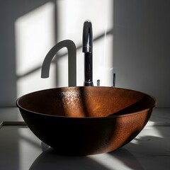 A rustic, round, metal sink with a modern faucet in a minimalist setting, illuminated by natural sunlight casting shadows on the wall behind it
