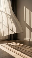 Sunlight streams through a window, casting shadows on the wall and illuminating a flowing curtain in a cozy, well-lit room with wooden flooring
