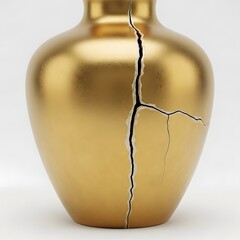 A gold-colored ceramic vase with a large crack running vertically and smaller cracks branching out across its surface, highlighting damage or aging