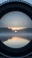 A close-up view of a camera lens with water droplets on the surface and a scenic landscape reflected in the glass, capturing the beauty of nature through photography equipment