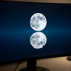 A stunning view of a full moon reflecting on a calm body of water during the night sky with stars visible in the background