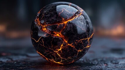 Molten lava sphere with glowing orange cracks and dark rocky crust representing earth core or alien planet - Powered by Adobe