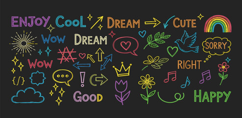 Collection of colorful chalk drawings of positive words, symbols, and illustrations on a black background, representing joy and creativity