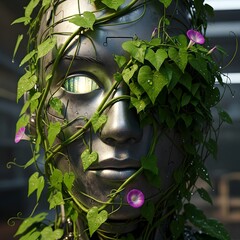 A futuristic metallic mask adorned with lush green vines and vibrant pink flowers, creating a striking blend of technology and nature in a contemporary art installation