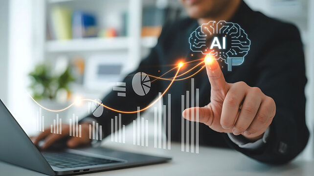 Artificial intelligence and business data visualization with a businessman using laptop