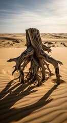 A weathered, large tree stump with sprawling roots standing alone in a vast desert landscape under a cloudy sky