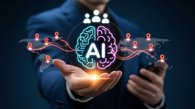 Global AI Network Concept with Man Holding Neural Brain Illustration