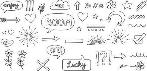Hand-drawn doodle concept collection featuring sketch elements like speech bubbles, arrows, hearts, and stars for creative graphic design projects