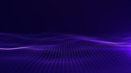 Flowing purple particle mesh wave on dark background, ideal for technology, AI, data flow, and futuristic digital design concepts. 3d Rendering © KanawatTH