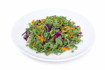 Shredded Kale Salad Mix on White Plate – Kale, Carrots, and Red Cabbage Isolated on White
