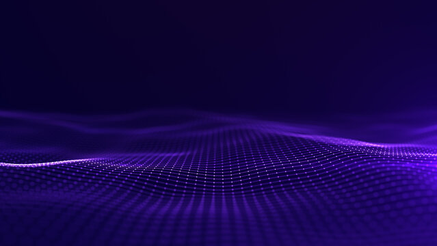 Flowing purple particle mesh wave on dark background, ideal for technology, AI, data flow, and futuristic digital design concepts. 3d Rendering