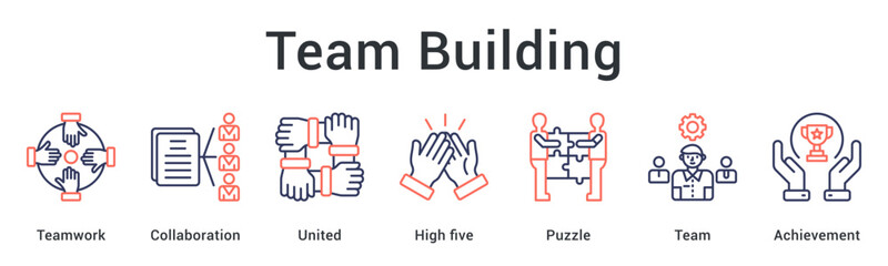 Team building fostering collaboration and unity through integrated teamwork leading to collective achievement. icon sheet multiple style collection