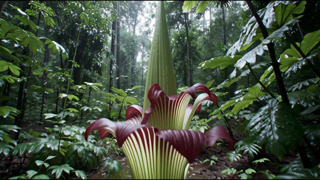 Titan Arum blooming in a lush tropical rainforest a rare and magnificent natural spectacle.