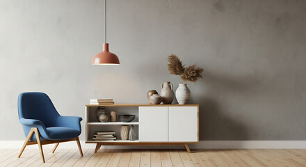 Interior of living room with blue armchair, wooden cabinet, and decor on gray wall