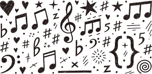 A whimsical hand-drawn doodle pattern featuring musical notes, clefs, hearts, stars, and assorted whimsical elements on a white background, perfect for creative projects and music-themed designs