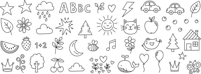 Cute collection of simple hand-drawn doodle icons, perfect for children's designs, featuring various nature elements, common objects, and playful learning symbols in a charming sketch style