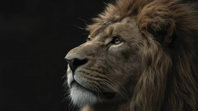 A close-up profile portrait of a male lions head its golden eye gazing forward set against a solid black background