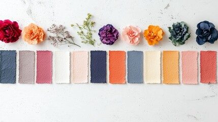 A collection of textured paper swatches in various colors, accompanied by decorative flowers, is displayed on a white surface.