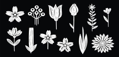 Creative set of white sketchy floral illustrations featuring hand-drawn doodle flowers, leaves, and botanicals with a chalk-like texture