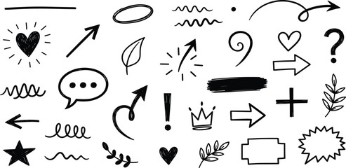 Dynamic assortment of playful sketch icons and graphic accents, perfect for adding a whimsical or emphatic flourish to digital content and printed materials, enhancing visual communication
