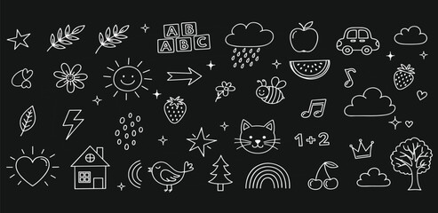 Whimsical hand-drawn doodle icons collection for kids design projects, featuring nature, education, and everyday objects on a dark background, perfect for creative graphics