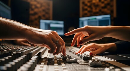 Close-up hands adjusting audio mixing console sliders in a dim studio environment