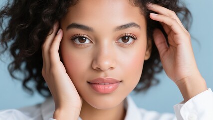 Fototapeta premium Beauty Shot of Black Woman with Hand on Face on Blue Background