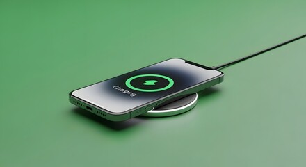 A modern smartphone placed on a wireless charging pad with a green background, illustrating the concept of mobile technology and wireless power transfer