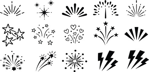 Diverse vector icon set featuring stylized firework bursts, glittering stars, and dynamic lightning bolts, ideal for adding an energetic and celebratory flair to modern design projects